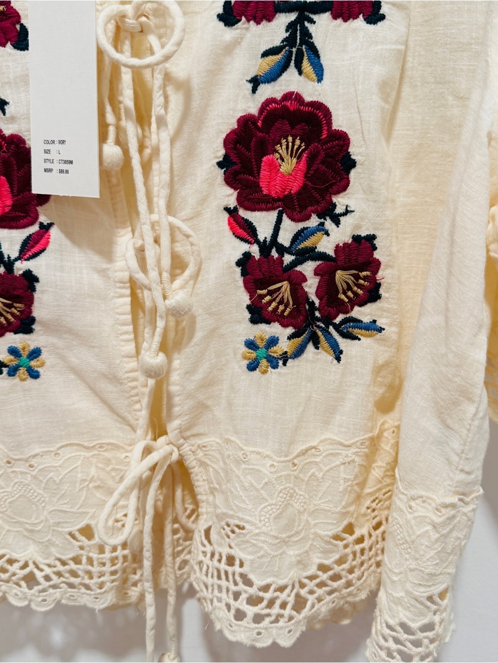 Jennifer & Grace Cream Embroidered Tie-Front Blouse - Picture 6 of 11